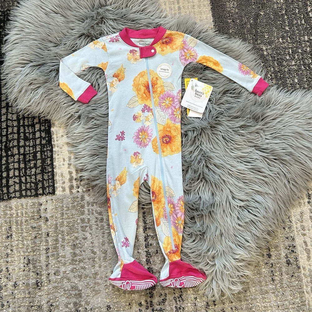 Burt's Bees Baby Girls Pink & Blue Floral Footed Sleeper Size 12 Month NWT